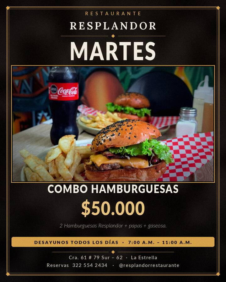 Afiche del martes: combo de hamburguesas por 50.000 pesos. Dos Hamburguesas Resplandor, papas y gaseosa. Foto de una hamburguesa con queso y lechuga con papas a la francesa y una gaseosa, sobre un mantel de cuadros rojos y blancos.